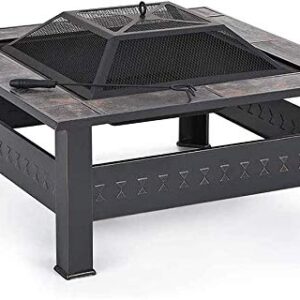 LEAYAN Garden Fire Pit Portable Grill Barbecue Rack Outdoor Fire Pit with BBQ Grill Shelf, Outdoor Metal Brazier Square Table Firepit Garden Patio Heater with Cover BBQ Cooking for Camping Backyard