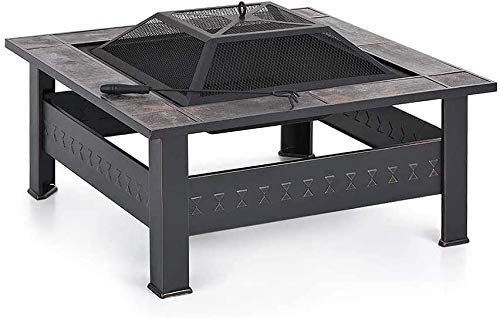 LEAYAN Garden Fire Pit Portable Grill Barbecue Rack Outdoor Fire Pit with BBQ Grill Shelf, Outdoor Metal Brazier Square Table Firepit Garden Patio Heater with Cover BBQ Cooking for Camping Backyard