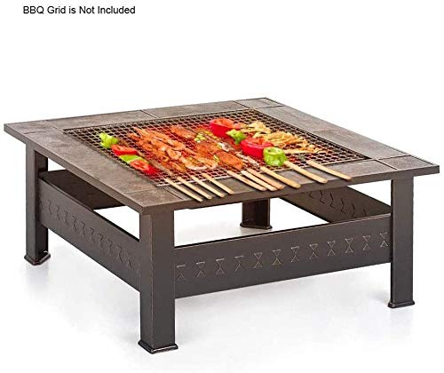 LEAYAN Garden Fire Pit Portable Grill Barbecue Rack Outdoor Fire Pit with BBQ Grill Shelf, Outdoor Metal Brazier Square Table Firepit Garden Patio Heater with Cover BBQ Cooking for Camping Backyard