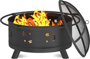 leayan garden fire pit grill bowl grill barbecue rack round outdoor fire pit, large wood burning fire pit w/spark screen, wrought iron bonfire fire pit for party, bbq, heating, patio, garden
