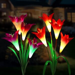 Outdoor Solar Lights 2 Pack Solar Garden Stake Lights Waterproof Multi-Color Changing Outdoor Lights with 8 Bigger Lily Flowers LED Decorative Lights for Garden, Patio, Pathway, Yard (Purple&Red)