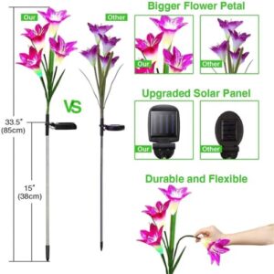 Outdoor Solar Lights 2 Pack Solar Garden Stake Lights Waterproof Multi-Color Changing Outdoor Lights with 8 Bigger Lily Flowers LED Decorative Lights for Garden, Patio, Pathway, Yard (Purple&Red)