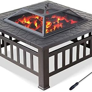 LEAYAN Garden Fire Pit Grill Bowl Grill Barbecue Rack Fire Pit Table with BBQ Grill Shelf, Square Firepit for Barbecue Heater, Ice Pit, Metal Brazier for Patio Outdoor, with Waterproof Cover Fire Pit