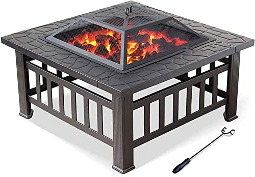 LEAYAN Garden Fire Pit Grill Bowl Grill Barbecue Rack Fire Pit Table with BBQ Grill Shelf, Square Firepit for Barbecue Heater, Ice Pit, Metal Brazier for Patio Outdoor, with Waterproof Cover Fire Pit