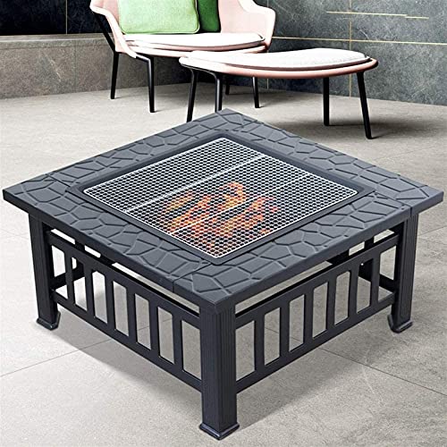 LEAYAN Garden Fire Pit Grill Bowl Grill Barbecue Rack Fire Pit Table with BBQ Grill Shelf, Square Firepit for Barbecue Heater, Ice Pit, Metal Brazier for Patio Outdoor, with Waterproof Cover Fire Pit