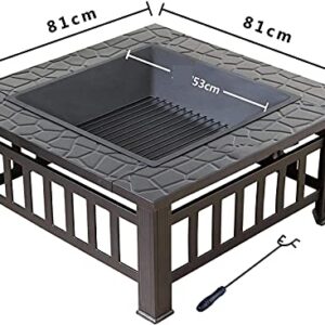 LEAYAN Garden Fire Pit Grill Bowl Grill Barbecue Rack Fire Pit Table with BBQ Grill Shelf, Square Firepit for Barbecue Heater, Ice Pit, Metal Brazier for Patio Outdoor, with Waterproof Cover Fire Pit