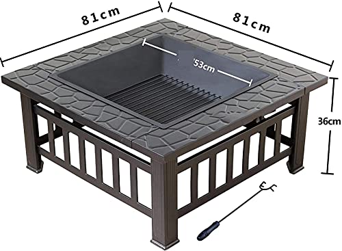 LEAYAN Garden Fire Pit Grill Bowl Grill Barbecue Rack Fire Pit Table with BBQ Grill Shelf, Square Firepit for Barbecue Heater, Ice Pit, Metal Brazier for Patio Outdoor, with Waterproof Cover Fire Pit