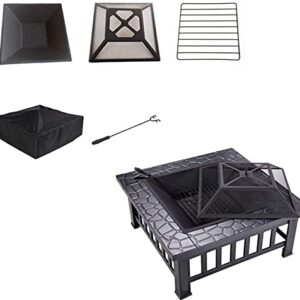 LEAYAN Garden Fire Pit Grill Bowl Grill Barbecue Rack Fire Pit Table with BBQ Grill Shelf, Square Firepit for Barbecue Heater, Ice Pit, Metal Brazier for Patio Outdoor, with Waterproof Cover Fire Pit