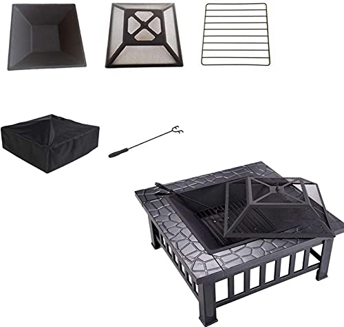 LEAYAN Garden Fire Pit Grill Bowl Grill Barbecue Rack Fire Pit Table with BBQ Grill Shelf, Square Firepit for Barbecue Heater, Ice Pit, Metal Brazier for Patio Outdoor, with Waterproof Cover Fire Pit