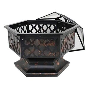 LEAYAN Garden Fire Pit Grill Bowl Grill Barbecue Rack Outdoor Fire Pits Portable Metal Fire Pit Hexagon Design Fireplace Stove with Mesh Screen Cover Fireplace Stove Wood Burning