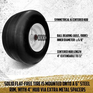 13x6.50-6 Flat-Free Lawn Mower Smooth Tire with Steel Rim for Lawn Mower Garden Tractor - Hub 4"-7.1" - 5/8" Bearing Installed - Extra 1/2" Bearing Included - Residential grade - 2-Pcs-Set