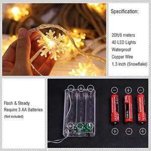 SRZR Christmas Lights,Snowflake String Lights Battery Operated Waterproof 20ft, 40 LED Fairy Lights for Xmas Garden Patio Bedroom Party Decor Christmas Decorations,Warm White SRZR007