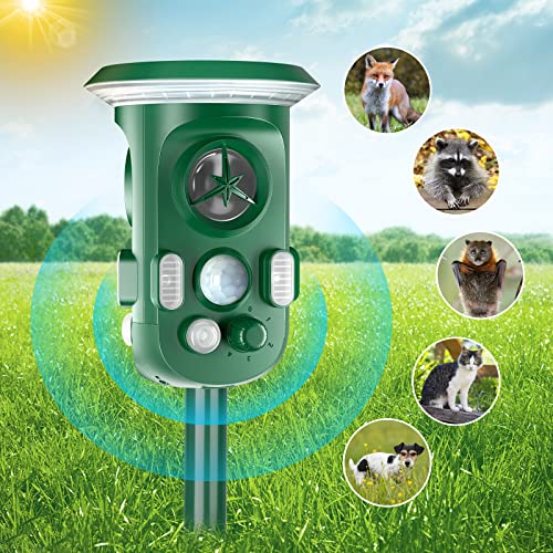 360° Ultrasonic Repellent Outdoor, Solar Animal Repeller USB/Solar Powered,Waterproof,Repel Dogs,Cat,Rat,Squirrels, Flashing Light Animal Repeller