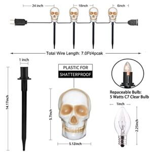 C7 Halloween Skull Pathway Stake Lights, 7 Ft Halloween Pathway String Lights with 4 C7 Bulbs, Stake, Halloween Decorations Driveway Markers Lights for Outdoor Holiday Garden Walkway Party Lighting