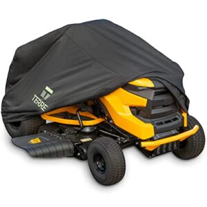 terre products, heavy duty waterproof riding lawn mower cover, fits most small to medium lawn tractors, 600d polyester oxford uv and water resistant, windproof drawstring security hem designed for storage and trailering