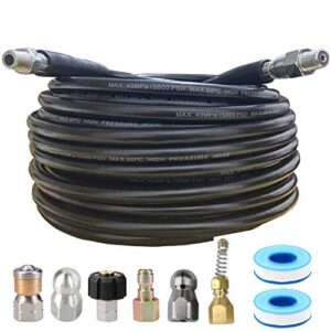 mamia pairs 100 ft sewer jetter kit for pressure washer,sewer jetter nozzles kit,drain cleaning hose for pressure washer,corner,button nose and rotating sewer jetting nozzle,1/4 inch npt,5800 psi