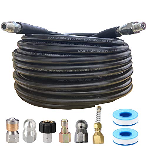 MAMIA PAIRS 100 FT Sewer Jetter Kit for Pressure Washer,Sewer Jetter Nozzles Kit,Drain Cleaning Hose for Pressure Washer,Corner,Button Nose and Rotating Sewer Jetting Nozzle,1/4 Inch NPT,5800 PSI