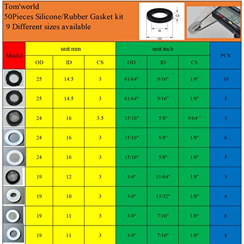 Tom's world 50Pcs Garden Hose Washers Seals Assortment Kit, Silicone Rubber Gasket Kit for 3/4",1/2",5/8" Plumbing Faucet Fittings Seal Repair