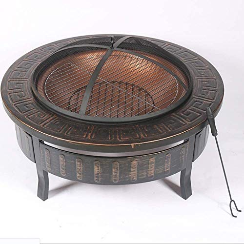 LEAYAN Garden Fire Pit Portable Grill Barbecue Rack Outdoor Metal Firepit Round Table Backyard Patio Garden Stove Wood Burning Fire Pit with Spark Screen, Log Poker and Cover for Camping BBQ Cooking