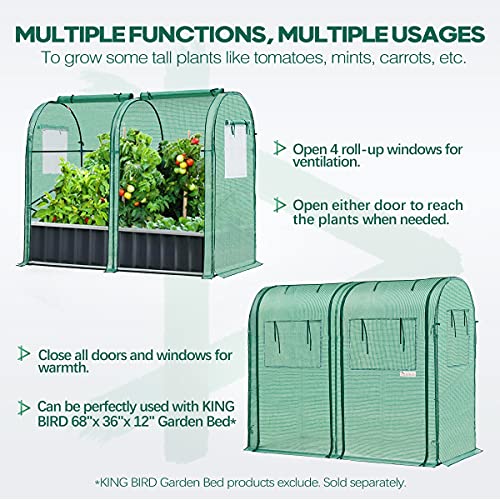 KING BIRD Upgraded 73" x 37" x 59" Mini Greenhouse, Heavy Duty Powder-Coated Steel Frame, 2 Zippered Screen Doors 4 Screen Windows, Tall Garden Plant Hot Green House, 8 Stakes 4 Ropes, Green