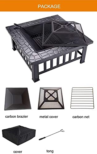 LEAYAN Garden Fire Pit Grill Bowl Grill Barbecue Rack Fire Pit,Outdoor Wood Burning Firebowl Fireplace Poker Spark Screen Retardant Mesh Lid Extra Deep Large Square Deck Heavy Duty Metal Grate