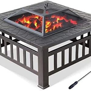 LEAYAN Garden Fire Pit Grill Bowl Grill Barbecue Rack Fire Pit,Outdoor Wood Burning Firebowl Fireplace Poker Spark Screen Retardant Mesh Lid Extra Deep Large Square Deck Heavy Duty Metal Grate