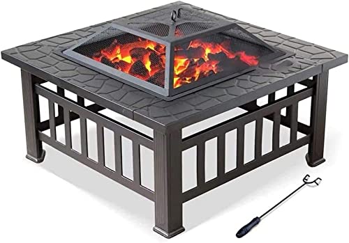 LEAYAN Garden Fire Pit Grill Bowl Grill Barbecue Rack Fire Pit,Outdoor Wood Burning Firebowl Fireplace Poker Spark Screen Retardant Mesh Lid Extra Deep Large Square Deck Heavy Duty Metal Grate