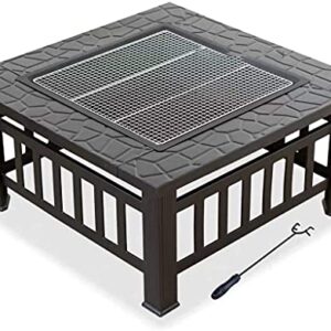 LEAYAN Garden Fire Pit Grill Bowl Grill Barbecue Rack Fire Pit,Outdoor Wood Burning Firebowl Fireplace Poker Spark Screen Retardant Mesh Lid Extra Deep Large Square Deck Heavy Duty Metal Grate