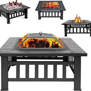 LEAYAN Garden Fire Pit Grill Bowl Grill Barbecue Rack 32 Inch Wood Burning Outdoor Fire Pit, Rectangle Metal Brazier Fireplace, Table Top Firepit Bowl with Spark Screen Poker, for Camping Bonfire