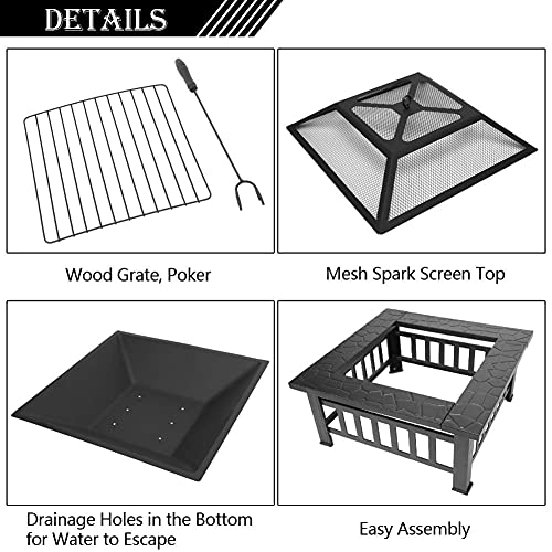 LEAYAN Garden Fire Pit Grill Bowl Grill Barbecue Rack 32 Inch Wood Burning Outdoor Fire Pit, Rectangle Metal Brazier Fireplace, Table Top Firepit Bowl with Spark Screen Poker, for Camping Bonfire