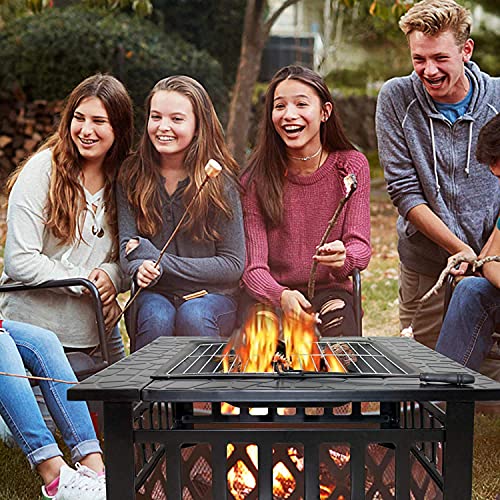 LEAYAN Garden Fire Pit Grill Bowl Grill Barbecue Rack 32 Inch Wood Burning Outdoor Fire Pit, Rectangle Metal Brazier Fireplace, Table Top Firepit Bowl with Spark Screen Poker, for Camping Bonfire