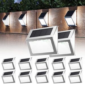 jackyled 12 pack solar step lights outdoor, 3-side 7 led brighter solar deck lights stainless steel ip65 waterproof solar fence lighting for stair, patio, fence, step, garden (cool white)