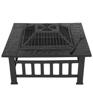 32 inch outdoor fire pit square metal firepit table wood burning fireplace with waterproof cover mesh lid backyard patio garden bonfire bbq grill, black