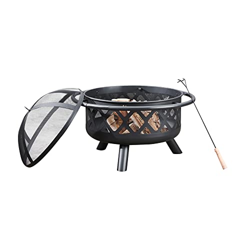 Teamson Home Steel Wood Burning Fire Pit with Spark Screen and Fireplace Poker for Outdoor Patio Garden Backyard Decking, 30 Inch Length, Black