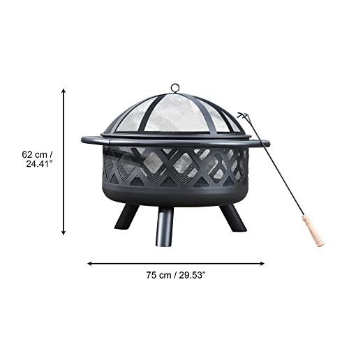 Teamson Home Steel Wood Burning Fire Pit with Spark Screen and Fireplace Poker for Outdoor Patio Garden Backyard Decking, 30 Inch Length, Black