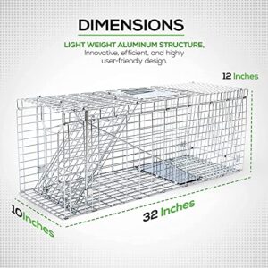 SAFETRAP Large Cage Trap for Live Animals + Bite Proof Gloves - 32" One-Door Humane Live Cage - Heavy Duty Animal Trap - Ideal to Catch & Release Raccoon, Chipmunk, Rabbit, Groundhog, Cat