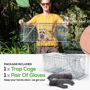 SAFETRAP Large Cage Trap for Live Animals + Bite Proof Gloves - 32" One-Door Humane Live Cage - Heavy Duty Animal Trap - Ideal to Catch & Release Raccoon, Chipmunk, Rabbit, Groundhog, Cat