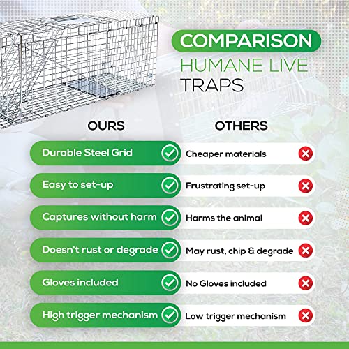 SAFETRAP Large Cage Trap for Live Animals + Bite Proof Gloves - 32" One-Door Humane Live Cage - Heavy Duty Animal Trap - Ideal to Catch & Release Raccoon, Chipmunk, Rabbit, Groundhog, Cat