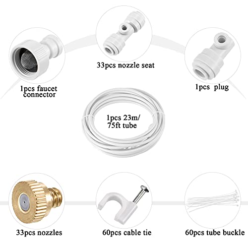 Misting Cooling System Outdoor Patio Misting System with Misting Lines, Brass Mist Nozzles, Faucet Adapters, Outdoor Mister System Kit for Garden Greenhouse Trampoline Water Park (23 Meters/ 75 Feet)