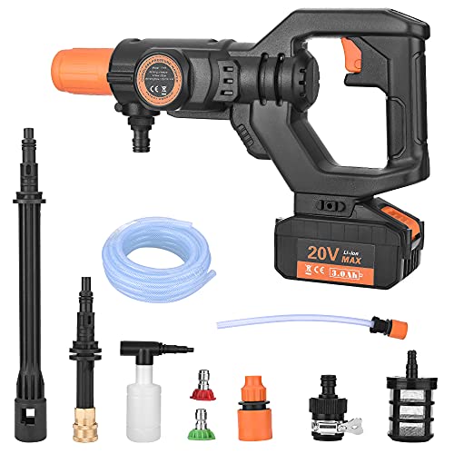 ENJOETY 20V Cordless Pressure Washer, 435PSI Portable Car Cleaner3.0Ah Li-Ion Battery, Two Professional Nozzles, Hose, Fast Charger and Foam Pot, Used for Car and Ground Washing, Garden Watering