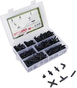 wissxna 300pcs barbed connectors drip irrigation fittings kit,irrigation connector for 1/4” tubing garden lawn irrigation(single barbs,end plug,barbs, elbows fittings,4-way connector,tees,coupling)