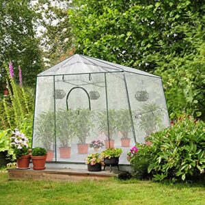 meetleisure walk-in greenhouse 8.5 ft x 7 ft pop-up outdoor green house plant gardening canopy, roll-up zipper entry doors and 3 large roll-up side windows with garden hand shovel(medium, white)