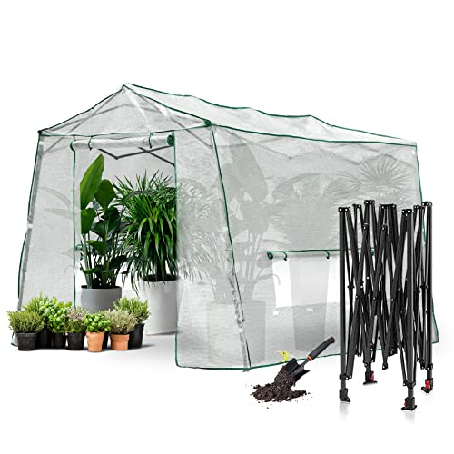 MeetLeisure Walk-in Greenhouse 8.5 Ft x 7 Ft Pop-up Outdoor Green House Plant Gardening Canopy, Roll-up Zipper Entry Doors and 3 Large Roll-Up Side Windows with Garden Hand Shovel(Medium, White)
