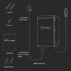 Malibu Low Voltage Transformer 300 Watt for Outdoor Landscape Lighting with Photocell Sensor Timer and Weather Shield for Spotlight Floodlight Garden Pathway Light 120V AC to 12V AC