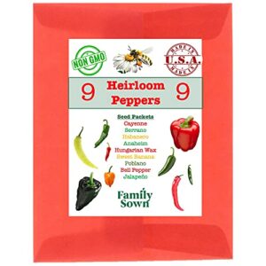 Heirloom Pepper Seeds by Family Sown - 9 Non GMO Sweet & Hot Pepper Seeds for Your Home Garden with Poblano Pepper Seeds, Habanero Seeds, Bell Pepper Seeds, Serrano and More in Our Seed Starter Kit