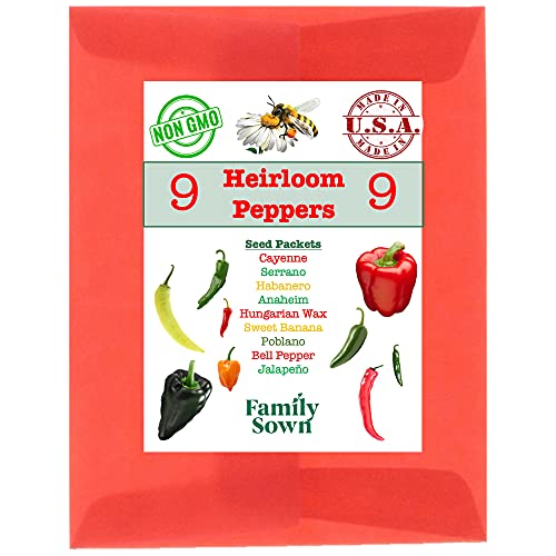 Heirloom Pepper Seeds by Family Sown - 9 Non GMO Sweet & Hot Pepper Seeds for Your Home Garden with Poblano Pepper Seeds, Habanero Seeds, Bell Pepper Seeds, Serrano and More in Our Seed Starter Kit