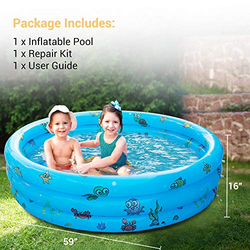 AsterOutdoor Kids Inflatable Swimming Pool 3 Rings Round Pools Baby Ball Pit Paddling Pool for Toddler/Kiddie/Girl/Boy, Indoor&Outdoor Water Game Play Center for Garden, Blue, 59" x 16"