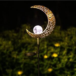 asense garden solar lights pathway stake outdoor metal sculpture art decor, solar powered led lights for lawn patio courtyard, moon with crackle glass ball