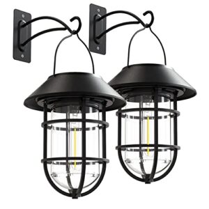 icerona solar lantern hanging solar lights, metal waterproof solar lights outdoor with hooks, 2 pack garden lights outdoor decorative for patio porch yard fence