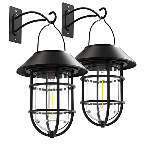 Icerona Solar Lantern Hanging Solar Lights, Metal Waterproof Solar Lights Outdoor with Hooks, 2 Pack Garden Lights Outdoor Decorative for Patio Porch Yard Fence